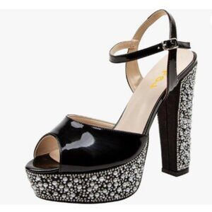 FSJ Black Luxury Platform Peep Toe Chunky Heel Ankle Strap Rhinestone Sandals